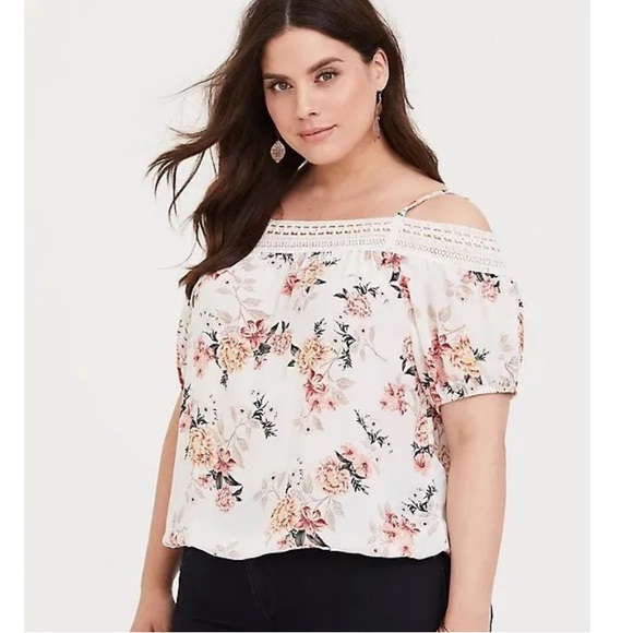torrid Tops - TORRID Plus Size 1X IVORY‎ FLORAL GEORGETTE COLD SHOULDER BLOUSE